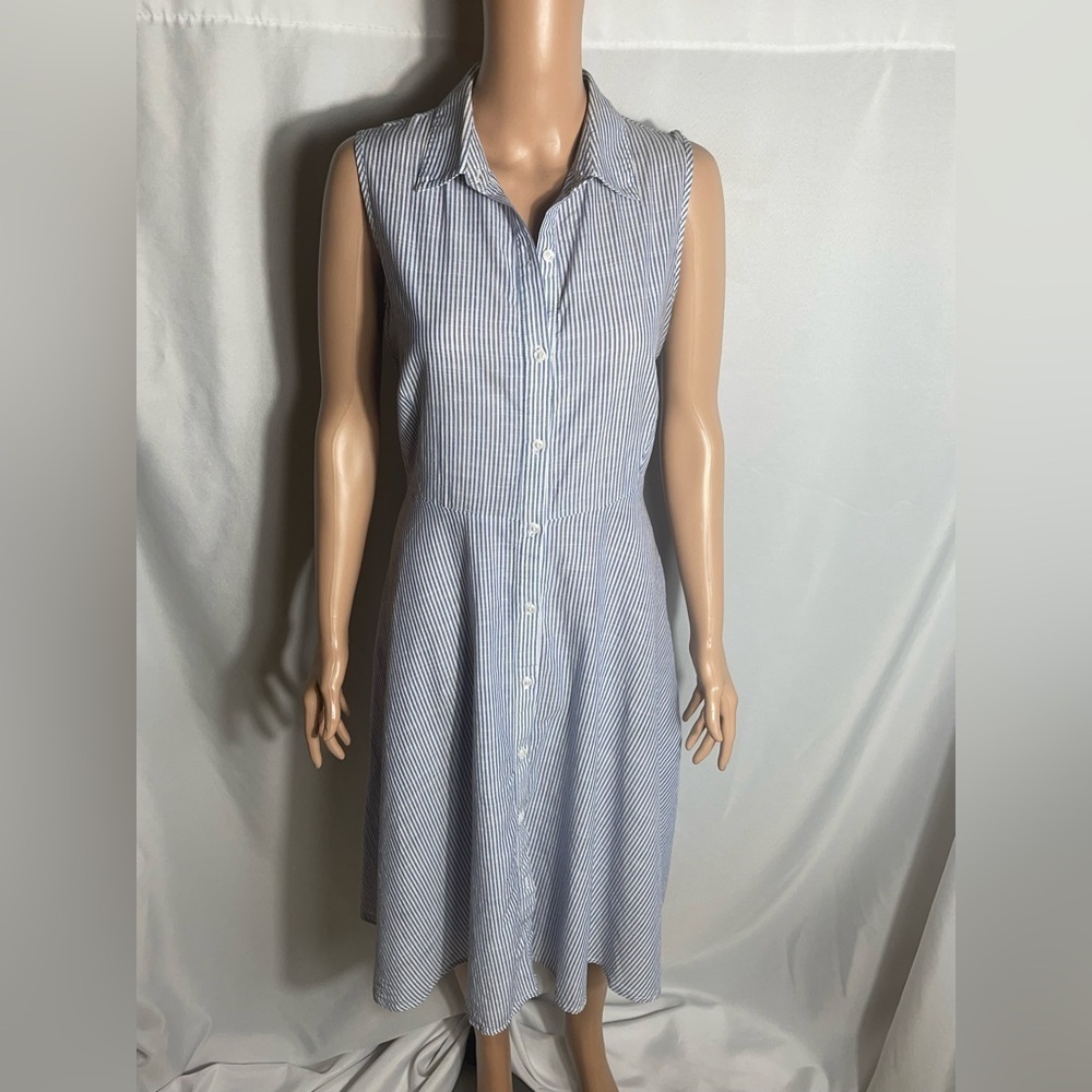 Parallel Skies Blue White Striped Sleeveless Shirt Dress Size S Cotton Tie Back